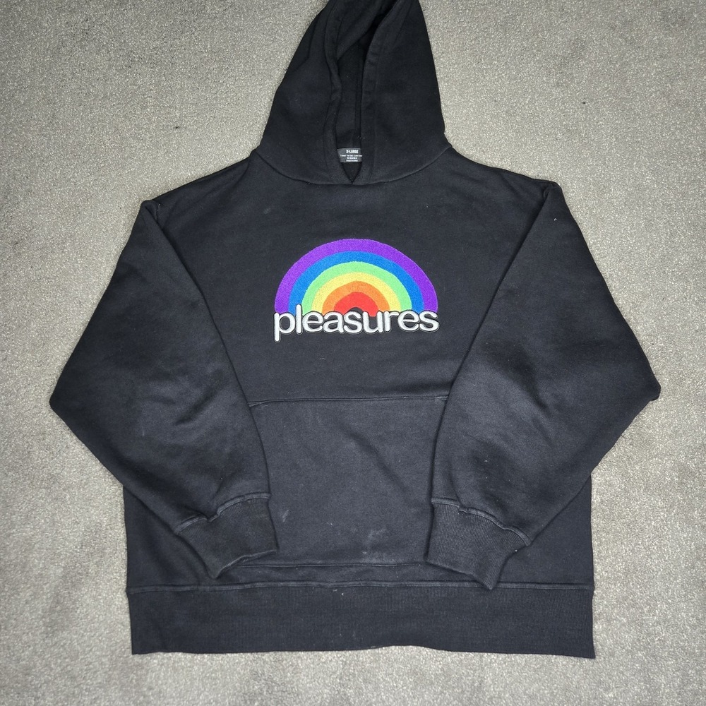 PLEASURES NOW GOOD TIME EMBOIDERED CARPET RAINBOW BLACK PULLOVER HOODIE SIZE‎ XL